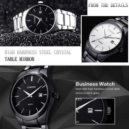 CURREN 8106 Fashion Business Calendar Waterproof Full Steel Quartz Watch(black case black face)-garmade.com
