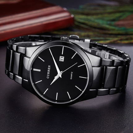 CURREN 8106 Fashion Business Calendar Waterproof Full Steel Quartz Watch(black case black face)-garmade.com