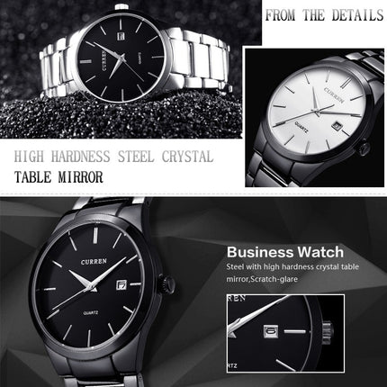 CURREN 8106 Fashion Business Calendar Waterproof Full Steel Quartz Watch(white case black face)-garmade.com