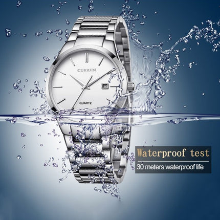 CURREN 8106 Fashion Business Calendar Waterproof Full Steel Quartz Watch(white case black face)-garmade.com