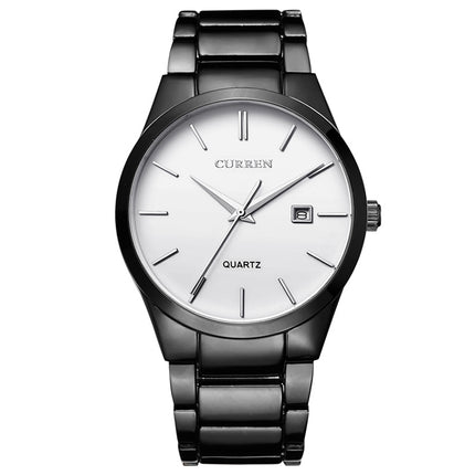 CURREN 8106 Fashion Business Calendar Waterproof Full Steel Quartz Watch(black case white face)-garmade.com
