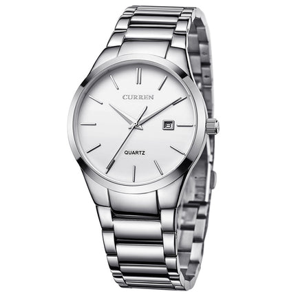 CURREN 8106 Fashion Business Calendar Waterproof Full Steel Quartz Watch(white case white face)-garmade.com