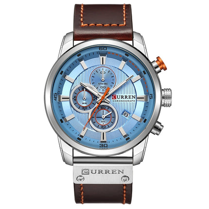 CURREN M8291 Chronograph Watches Casual Leather Watch for Men(White case blue face)-garmade.com