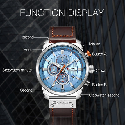 CURREN M8291 Chronograph Watches Casual Leather Watch for Men(White case blue face)-garmade.com