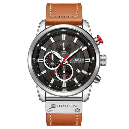CURREN M8291 Chronograph Watches Casual Leather Watch for Men(White case black face)-garmade.com