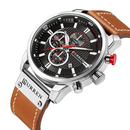 CURREN M8291 Chronograph Watches Casual Leather Watch for Men(White case black face)-garmade.com