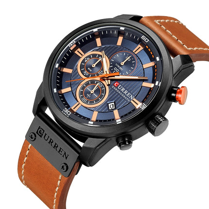 CURREN M8291 Chronograph Watches Casual Leather Watch for Men(Black case blue face)-garmade.com