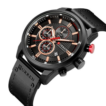 CURREN M8291 Chronograph Watches Casual Leather Watch for Men(Black case black face)-garmade.com
