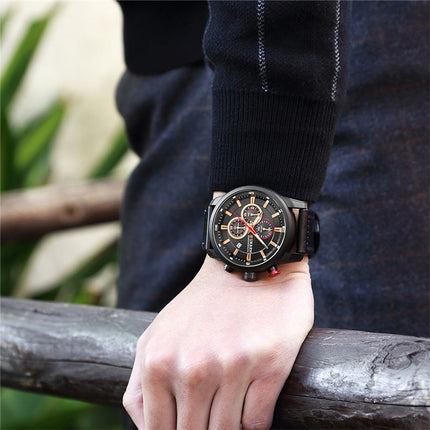 CURREN M8291 Chronograph Watches Casual Leather Watch for Men(Black case black face)-garmade.com