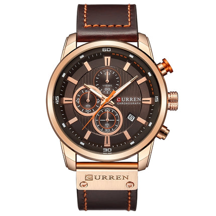CURREN M8291 Chronograph Watches Casual Leather Watch for Men(Rose case coffee face)-garmade.com