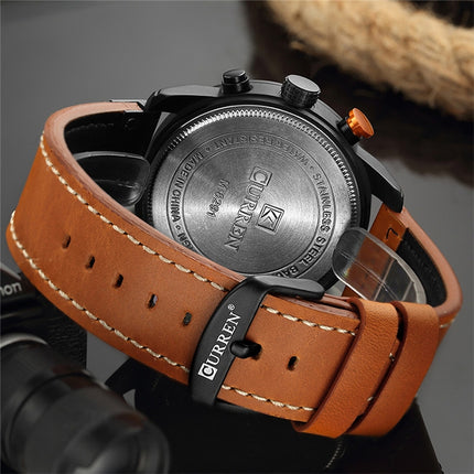 CURREN M8291 Chronograph Watches Casual Leather Watch for Men(Rose case coffee face)-garmade.com
