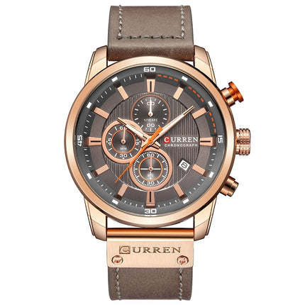 CURREN M8291 Chronograph Watches Casual Leather Watch for Men(Rose case gray face)-garmade.com