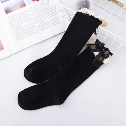 Lace Bow Princess Socks Cotton Girl High Knee Socks, Size:M(Black)-garmade.com