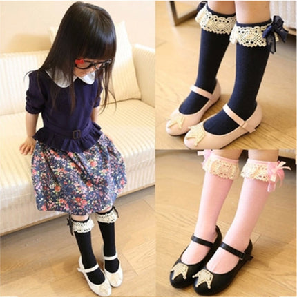 Lace Bow Princess Socks Cotton Girl High Knee Socks, Size:M(Black)-garmade.com