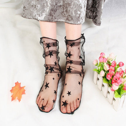 3 Pairs Lace Socks Fishnet Embroidered High Fish Women Net Socks Ankle Short Socks Ruffle Sexy(Star)-garmade.com