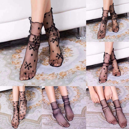 3 Pairs Lace Socks Fishnet Embroidered High Fish Women Net Socks Ankle Short Socks Ruffle Sexy(Star)-garmade.com