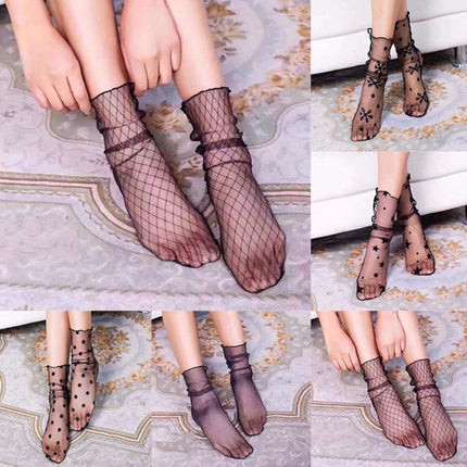 3 Pairs Lace Socks Fishnet Embroidered High Fish Women Net Socks Ankle Short Socks Ruffle Sexy(Star)-garmade.com