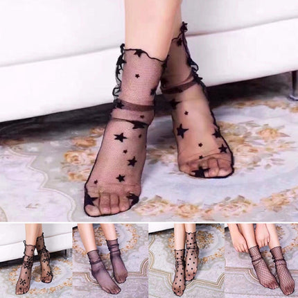 3 Pairs Lace Socks Fishnet Embroidered High Fish Women Net Socks Ankle Short Socks Ruffle Sexy(Star)-garmade.com