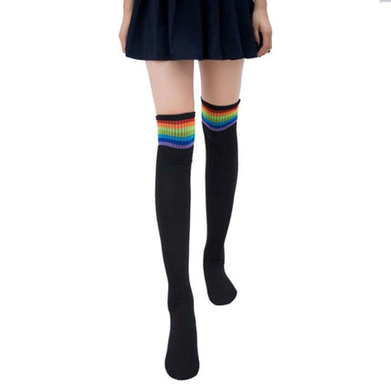 Color Striped Socks Student Cotton High Knee Socks(Black)-garmade.com