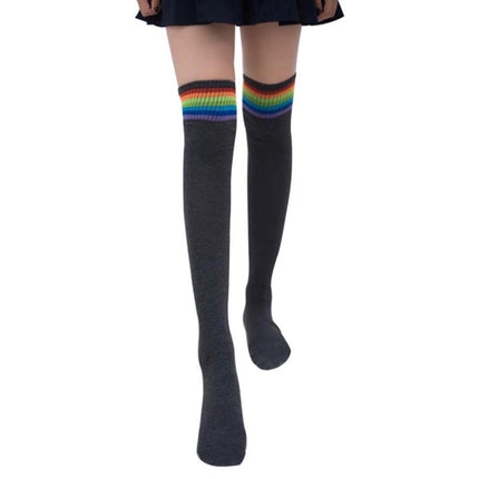 Color Striped Socks Student Cotton High Knee Socks(Black)-garmade.com