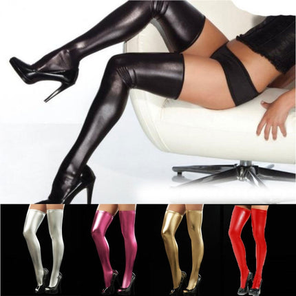 Sexy Women Over Knee Thigh High Tights Stockings Long PU Leather Stockings(Yellow)-garmade.com