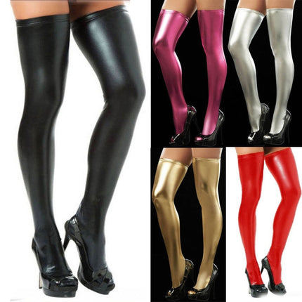 Sexy Women Over Knee Thigh High Tights Stockings Long PU Leather Stockings(Rose Red)-garmade.com