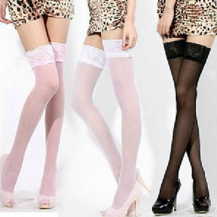 3 Pairs Sexy Womens Thin Sheer Lace Stocking Top Stay Up Thigh High Hold-ups Stockings Pantyhose(Red)-garmade.com