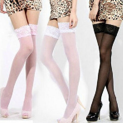 3 Pairs Sexy Womens Thin Sheer Lace Stocking Top Stay Up Thigh High Hold-ups Stockings Pantyhose(White)-garmade.com