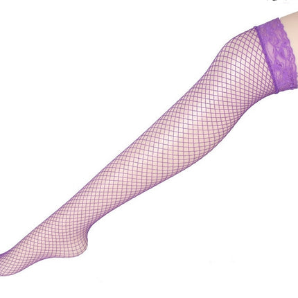 Sexy Linger Over Knee Socks Sexy Fishnet Lace Nylon Top Mesh Thigh High Stockings Pantyhose Long Tights(Purple)-garmade.com