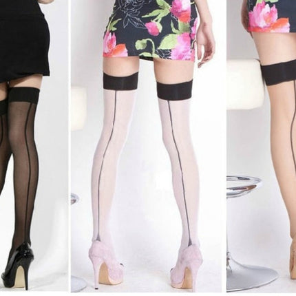 3 PCS Women Sexy Perspective Striped Stockings Lady Thigh High Pantyhose Long Stocking Nylon Stockings(Skin Color)-garmade.com