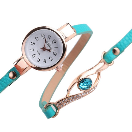 3 PCS Eye Shape Gemstone Bracelet Watch for Women(Lake blue)-garmade.com