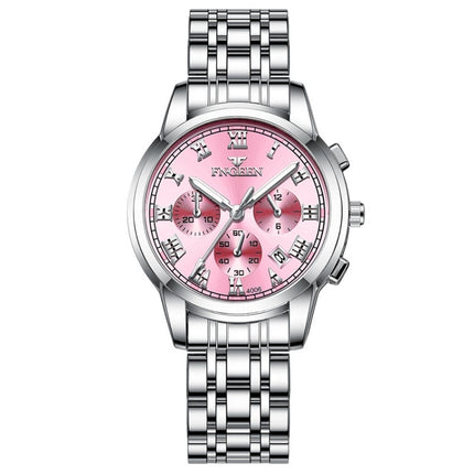 FNGEEN 4006 Ladies Quartz Watch Fashion Luminous Date Display Watch(White Steel Pink Surface)-garmade.com
