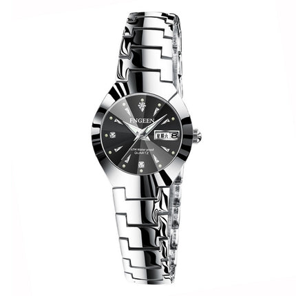 FNGEEN 5808 Women Fashion Steel Strap Quartz Watch Couple Watch(White Steel Black Surface)-garmade.com