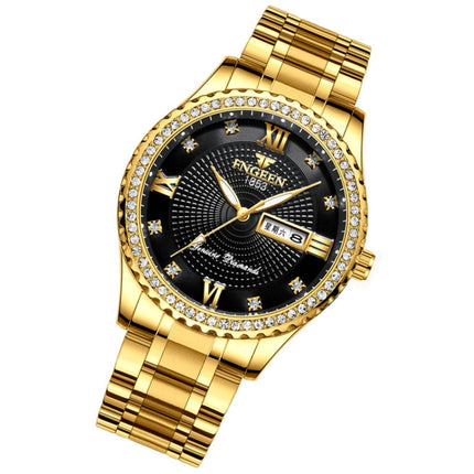 FNGEEN S888 Men Local Non Mechanical Steel Strips Watch Luminous Quartz Watch(All Gold Black Surface)-garmade.com