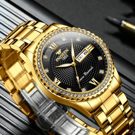 FNGEEN S888 Men Local Non Mechanical Steel Strips Watch Luminous Quartz Watch(All Gold Black Surface)-garmade.com