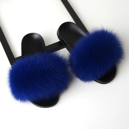 Fox Fur Slippers Flip-flops Non-slip Flat Fur Shoes Sandals for Women, Shoe Size:36-37(23cm)(Blue)-garmade.com