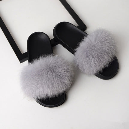 Fox Fur Slippers Flip-flops Non-slip Flat Fur Shoes Sandals for Women, Shoe Size:36-37(23cm)(Blue)-garmade.com