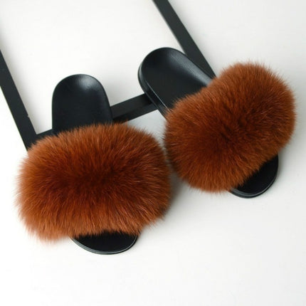 Fox Fur Slippers Flip-flops Non-slip Flat Fur Shoes Sandals for Women, Shoe Size:36-37(23cm)(Caramel)-garmade.com