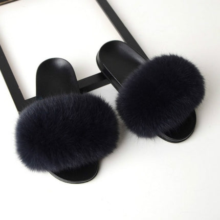 Fox Fur Slippers Flip-flops Non-slip Flat Fur Shoes Sandals for Women, Shoe Size:36-37(23cm)(Dark Grey)-garmade.com