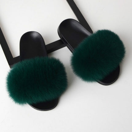 Fox Fur Slippers Flip-flops Non-slip Flat Fur Shoes Sandals for Women, Shoe Size:36-37(23cm)(Dark Green)-garmade.com