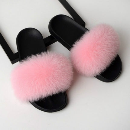 Fox Fur Slippers Flip-flops Non-slip Flat Fur Shoes Sandals for Women, Shoe Size:36-37(23cm)(Light Pink)-garmade.com