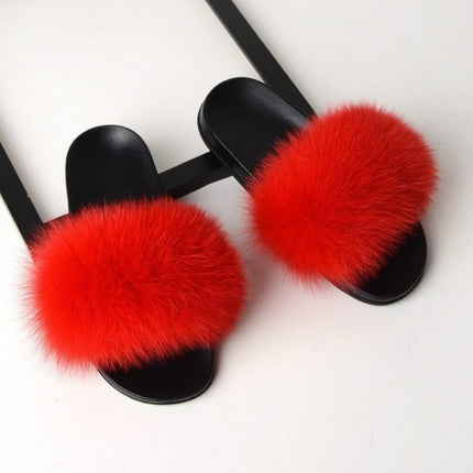 Fox Fur Slippers Flip-flops Non-slip Flat Fur Shoes Sandals for Women, Shoe Size:36-37(23cm)(Red)-garmade.com