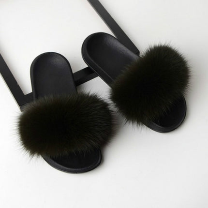 Fox Fur Slippers Flip-flops Non-slip Flat Fur Shoes Sandals for Women, Shoe Size:38-39(24cm)(Army Green)-garmade.com