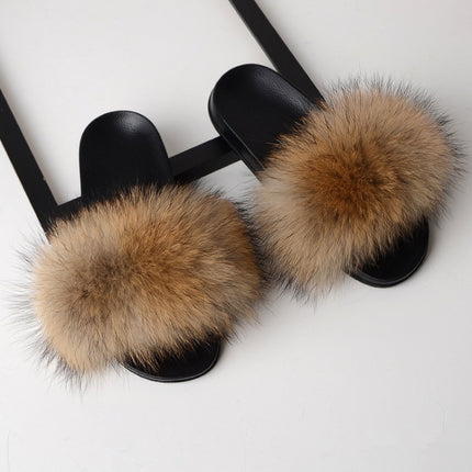 Fox Fur Slippers Flip-flops Non-slip Flat Fur Shoes Sandals for Women, Shoe Size:38-39(24cm)(Dark Grey)-garmade.com