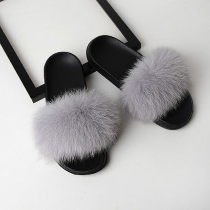 Fox Fur Slippers Flip-flops Non-slip Flat Fur Shoes Sandals for Women, Shoe Size:38-39(24cm)(Light Gray)-garmade.com
