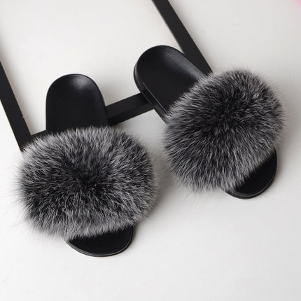 Fox Fur Slippers Flip-flops Non-slip Flat Fur Shoes Sandals for Women, Shoe Size:38-39(24cm)(Black Cream)-garmade.com