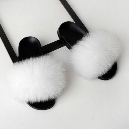 Fox Fur Slippers Flip-flops Non-slip Flat Fur Shoes Sandals for Women, Shoe Size:38-39(24cm)(White)-garmade.com