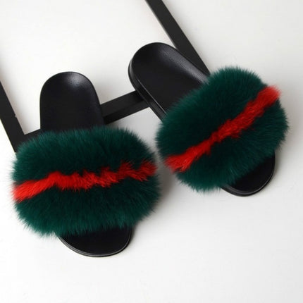 Fox Fur Slippers Flip-flops Non-slip Flat Fur Shoes Sandals for Women, Shoe Size:42-43(26cm)(Green Red)-garmade.com