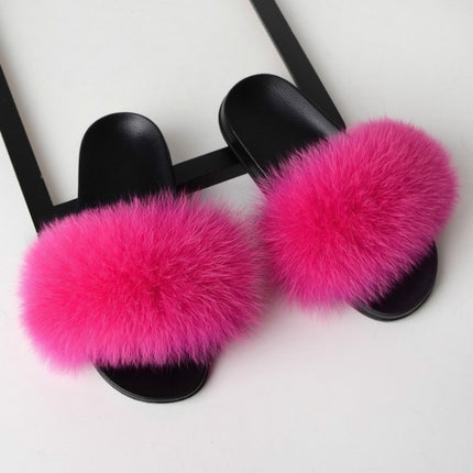 Fox Fur Slippers Flip-flops Non-slip Flat Fur Shoes Sandals for Women, Shoe Size:42-43(26cm)(Rosy Red)-garmade.com