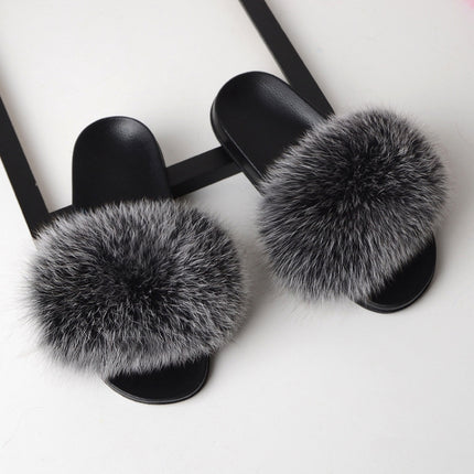 Fox Fur Slippers Flip-flops Non-slip Flat Fur Shoes Sandals for Women, Shoe Size:44-45(27cm)(Blue)-garmade.com